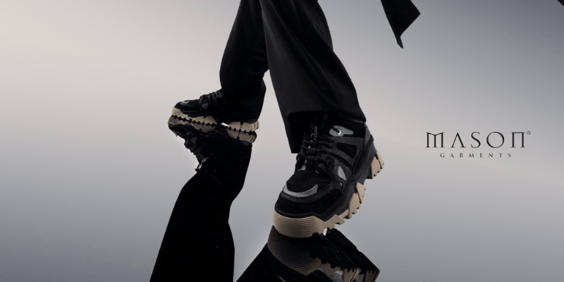 Black Mason Garments sneakers on feet
